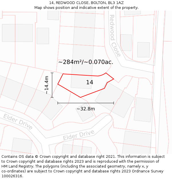 14, REDWOOD CLOSE, BOLTON, BL3 1AZ: Plot and title map