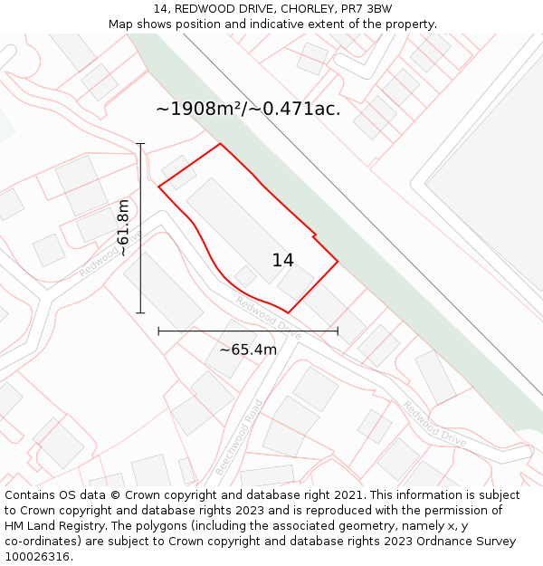 14, REDWOOD DRIVE, CHORLEY, PR7 3BW: Plot and title map