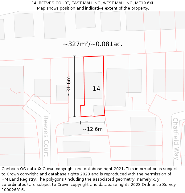 14, REEVES COURT, EAST MALLING, WEST MALLING, ME19 6XL: Plot and title map