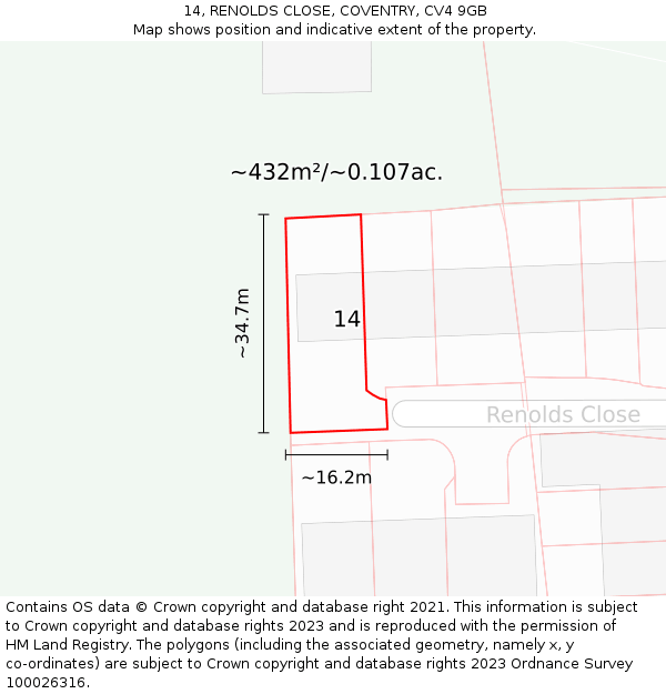 14, RENOLDS CLOSE, COVENTRY, CV4 9GB: Plot and title map