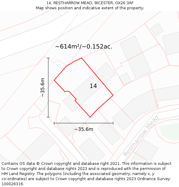 14, RESTHARROW MEAD, BICESTER, OX26 3AF: Plot and title map
