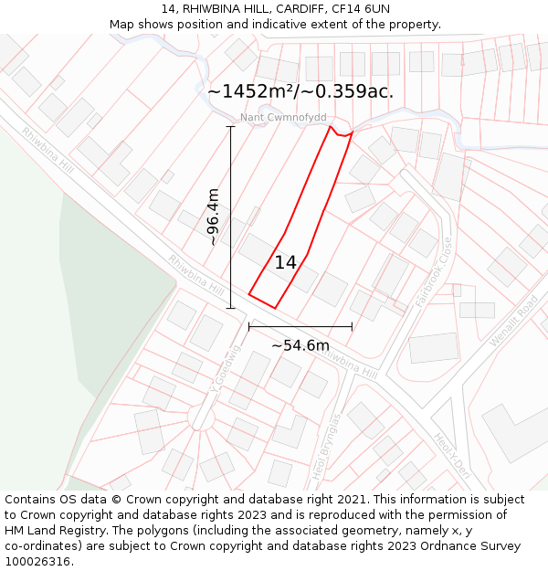 14, RHIWBINA HILL, CARDIFF, CF14 6UN: Plot and title map