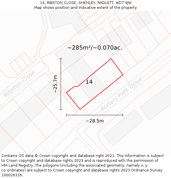 14, RIBSTON CLOSE, SHENLEY, RADLETT, WD7 9JW: Plot and title map