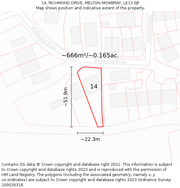 14, RICHMOND DRIVE, MELTON MOWBRAY, LE13 0JP: Plot and title map