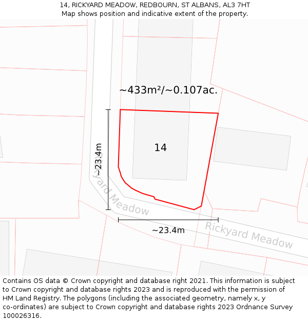 14, RICKYARD MEADOW, REDBOURN, ST ALBANS, AL3 7HT: Plot and title map