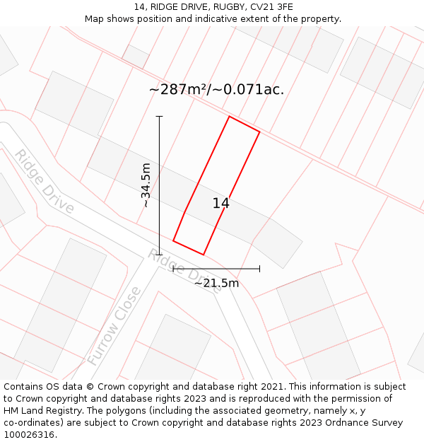 14, RIDGE DRIVE, RUGBY, CV21 3FE: Plot and title map