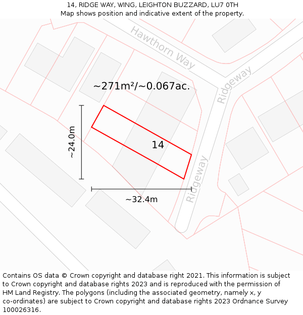 14, RIDGE WAY, WING, LEIGHTON BUZZARD, LU7 0TH: Plot and title map