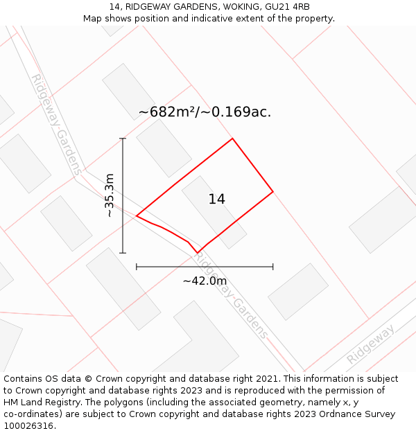 14, RIDGEWAY GARDENS, WOKING, GU21 4RB: Plot and title map