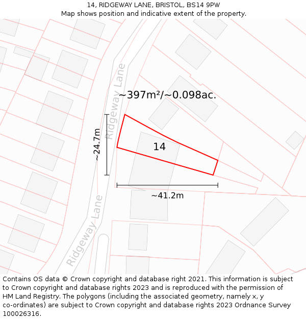 14, RIDGEWAY LANE, BRISTOL, BS14 9PW: Plot and title map