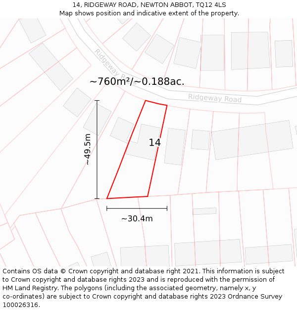 14, RIDGEWAY ROAD, NEWTON ABBOT, TQ12 4LS: Plot and title map