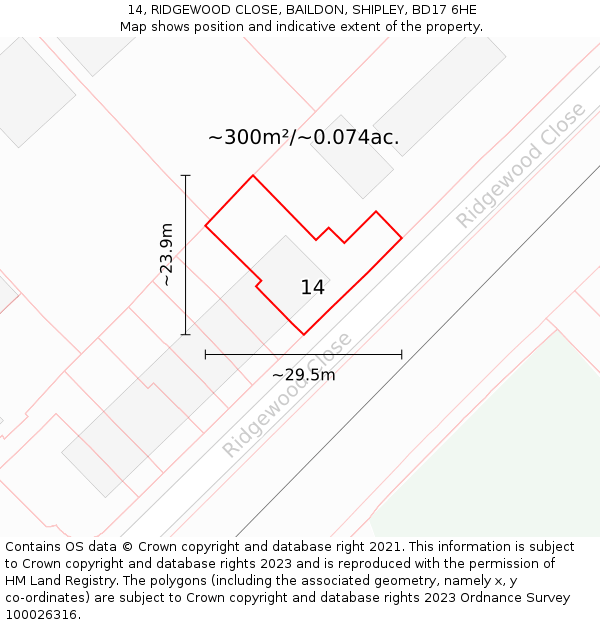 14, RIDGEWOOD CLOSE, BAILDON, SHIPLEY, BD17 6HE: Plot and title map