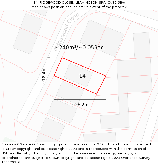 14, RIDGEWOOD CLOSE, LEAMINGTON SPA, CV32 6BW: Plot and title map