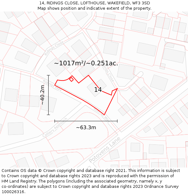 14, RIDINGS CLOSE, LOFTHOUSE, WAKEFIELD, WF3 3SD: Plot and title map