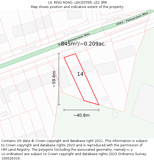 14, RING ROAD, LEICESTER, LE2 3RR: Plot and title map