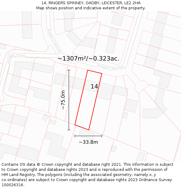 14, RINGERS SPINNEY, OADBY, LEICESTER, LE2 2HA: Plot and title map