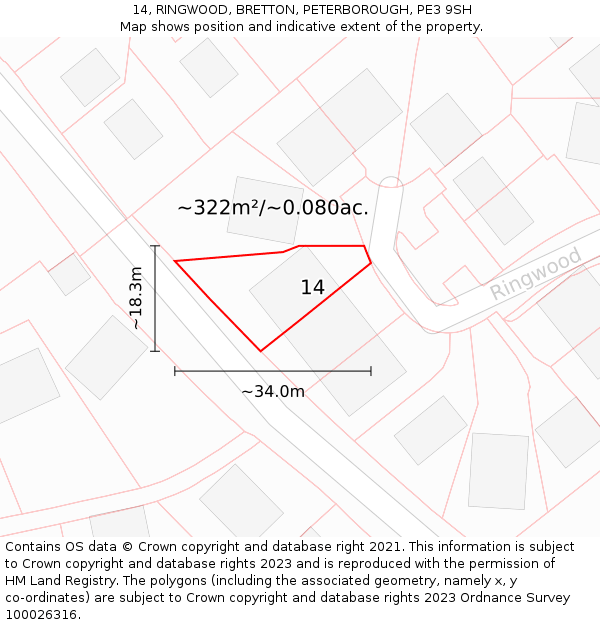 14, RINGWOOD, BRETTON, PETERBOROUGH, PE3 9SH: Plot and title map