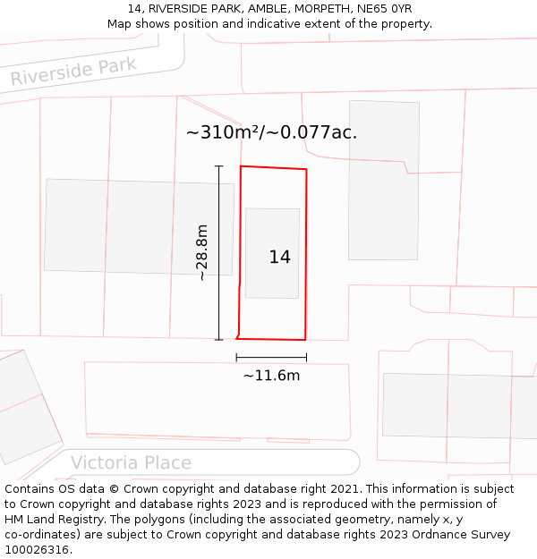 14, RIVERSIDE PARK, AMBLE, MORPETH, NE65 0YR: Plot and title map