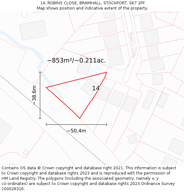 14, ROBINS CLOSE, BRAMHALL, STOCKPORT, SK7 2PF: Plot and title map