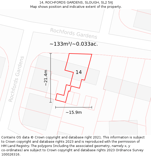 14, ROCHFORDS GARDENS, SLOUGH, SL2 5XJ: Plot and title map