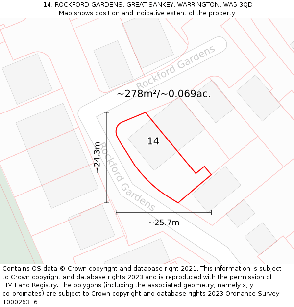14, ROCKFORD GARDENS, GREAT SANKEY, WARRINGTON, WA5 3QD: Plot and title map