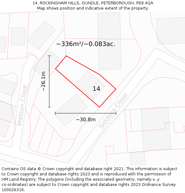 14, ROCKINGHAM HILLS, OUNDLE, PETERBOROUGH, PE8 4QA: Plot and title map