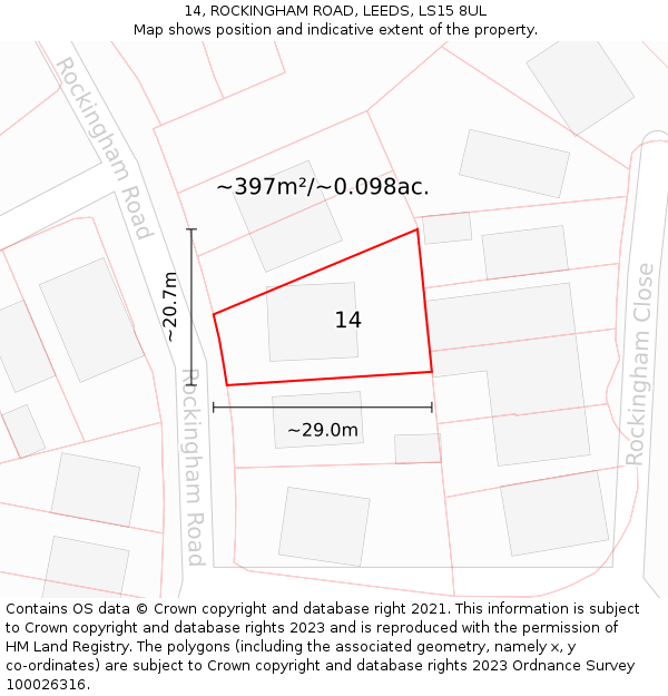 14, ROCKINGHAM ROAD, LEEDS, LS15 8UL: Plot and title map