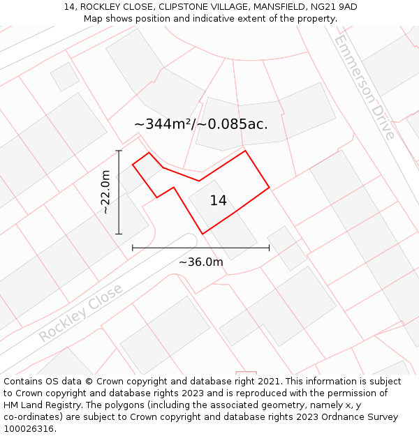 14, ROCKLEY CLOSE, CLIPSTONE VILLAGE, MANSFIELD, NG21 9AD: Plot and title map