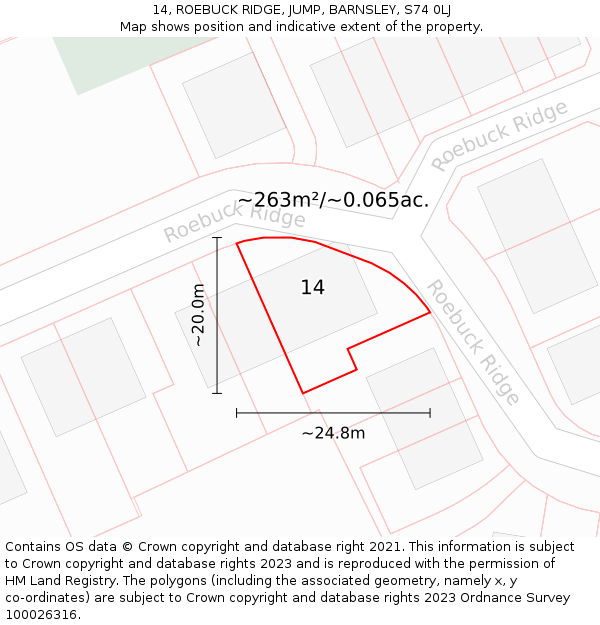 14, ROEBUCK RIDGE, JUMP, BARNSLEY, S74 0LJ: Plot and title map