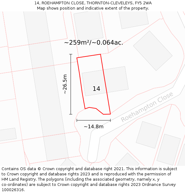 14, ROEHAMPTON CLOSE, THORNTON-CLEVELEYS, FY5 2WA: Plot and title map