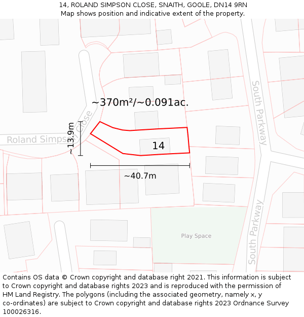 14, ROLAND SIMPSON CLOSE, SNAITH, GOOLE, DN14 9RN: Plot and title map