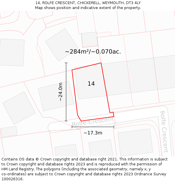 14, ROLFE CRESCENT, CHICKERELL, WEYMOUTH, DT3 4LY: Plot and title map