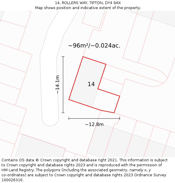 14, ROLLERS WAY, TIPTON, DY4 9AX: Plot and title map