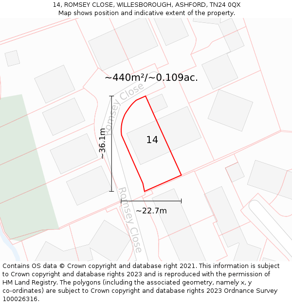 14, ROMSEY CLOSE, WILLESBOROUGH, ASHFORD, TN24 0QX: Plot and title map