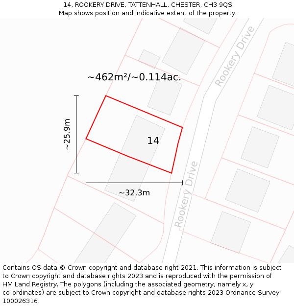 14, ROOKERY DRIVE, TATTENHALL, CHESTER, CH3 9QS: Plot and title map