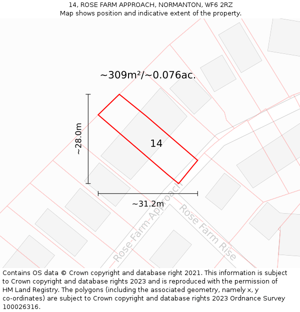 14, ROSE FARM APPROACH, NORMANTON, WF6 2RZ: Plot and title map