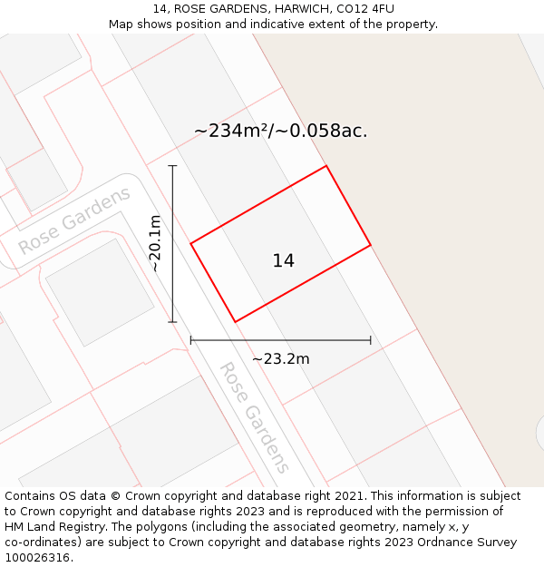 14, ROSE GARDENS, HARWICH, CO12 4FU: Plot and title map