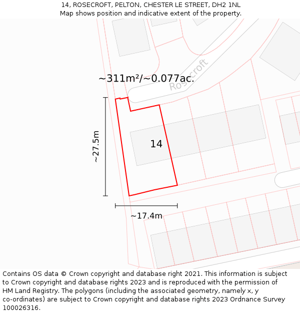 14, ROSECROFT, PELTON, CHESTER LE STREET, DH2 1NL: Plot and title map