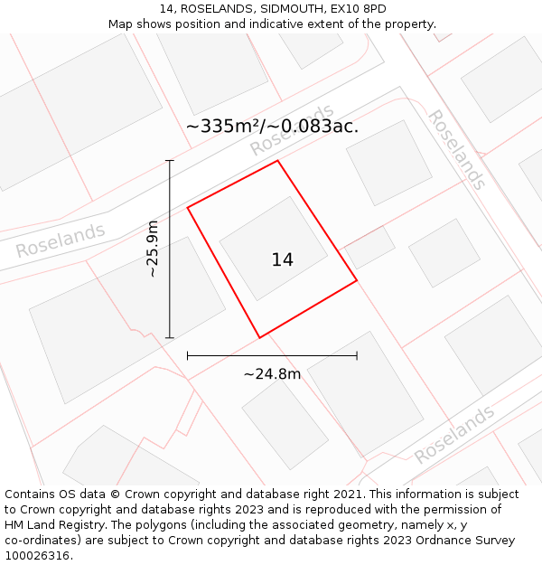 14, ROSELANDS, SIDMOUTH, EX10 8PD: Plot and title map