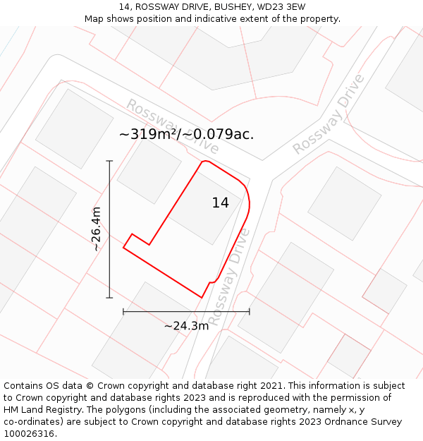 14, ROSSWAY DRIVE, BUSHEY, WD23 3EW: Plot and title map