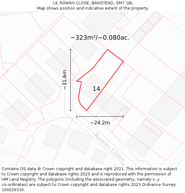 14, ROWAN CLOSE, BANSTEAD, SM7 1BL: Plot and title map