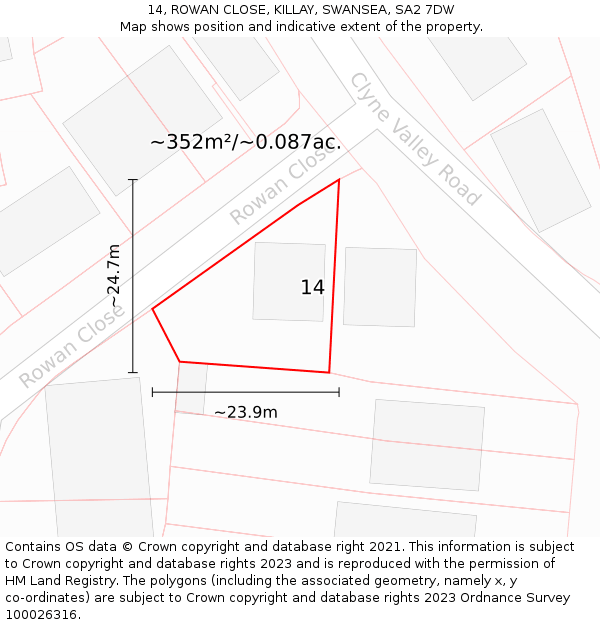 14, ROWAN CLOSE, KILLAY, SWANSEA, SA2 7DW: Plot and title map