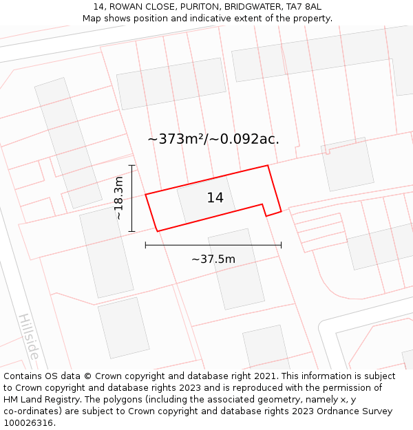 14, ROWAN CLOSE, PURITON, BRIDGWATER, TA7 8AL: Plot and title map