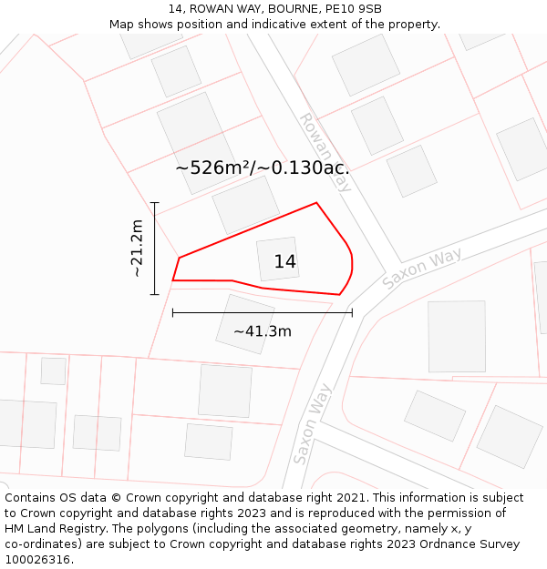 14, ROWAN WAY, BOURNE, PE10 9SB: Plot and title map