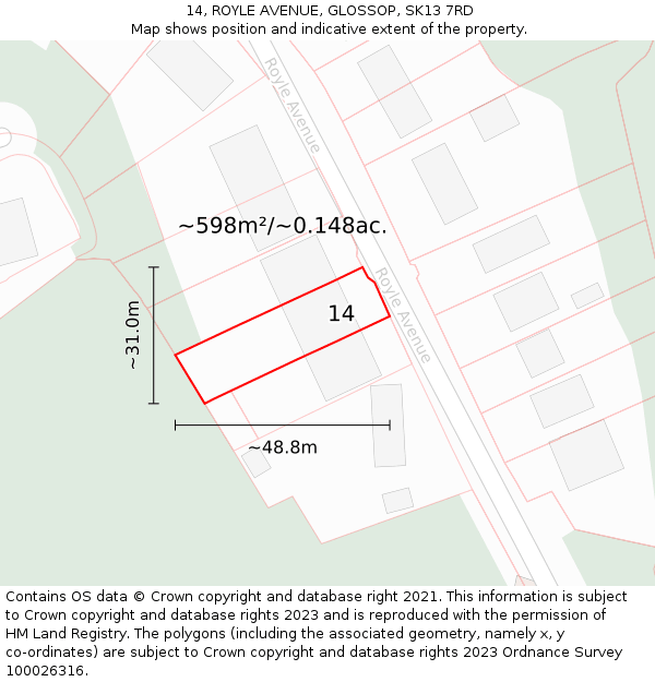 14, ROYLE AVENUE, GLOSSOP, SK13 7RD: Plot and title map