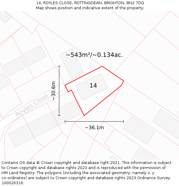 14, ROYLES CLOSE, ROTTINGDEAN, BRIGHTON, BN2 7DQ: Plot and title map