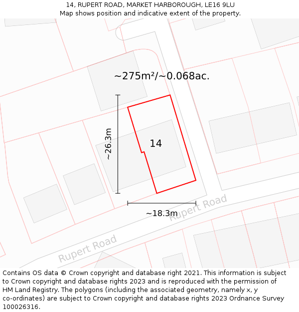 14, RUPERT ROAD, MARKET HARBOROUGH, LE16 9LU: Plot and title map