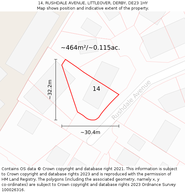 14, RUSHDALE AVENUE, LITTLEOVER, DERBY, DE23 1HY: Plot and title map