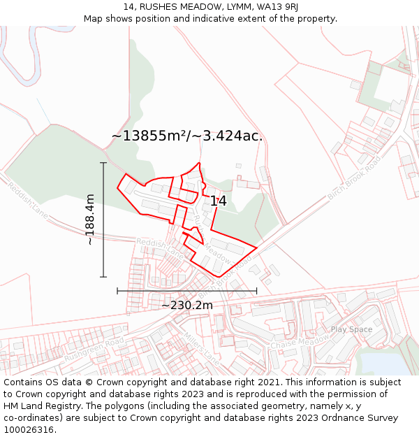 14, RUSHES MEADOW, LYMM, WA13 9RJ: Plot and title map