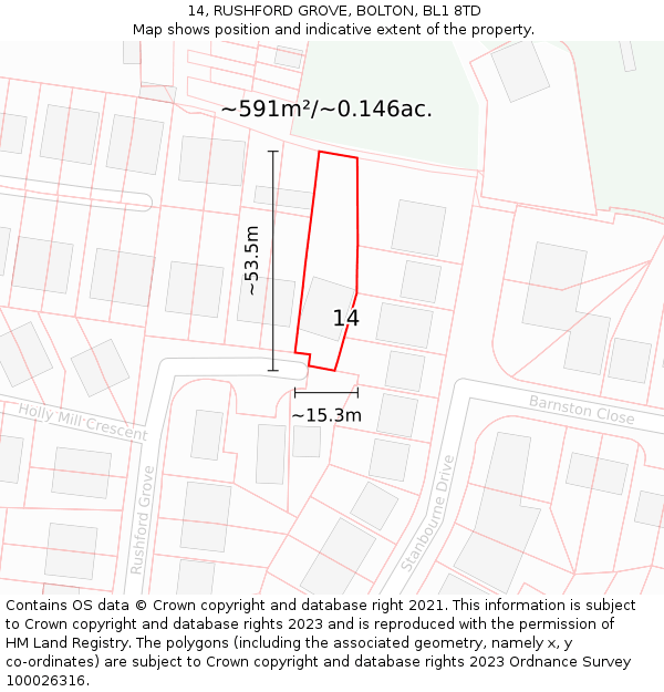 14, RUSHFORD GROVE, BOLTON, BL1 8TD: Plot and title map