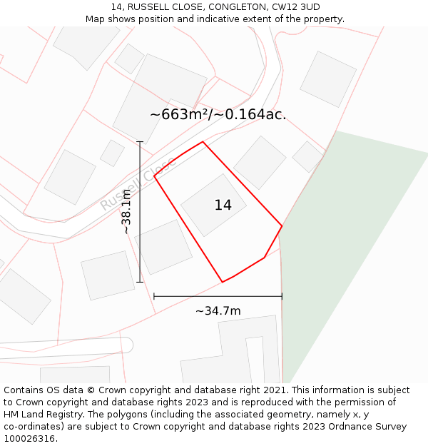 14, RUSSELL CLOSE, CONGLETON, CW12 3UD: Plot and title map